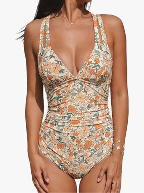 Cupshe Cream and Orange Floral One-Piece Swimsuit